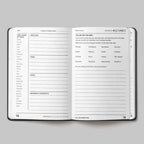 The Grounded Man journal showing two printed pages with lined sections for gratitude, tasks, goals, and prompts, photographed on a light gray background.
