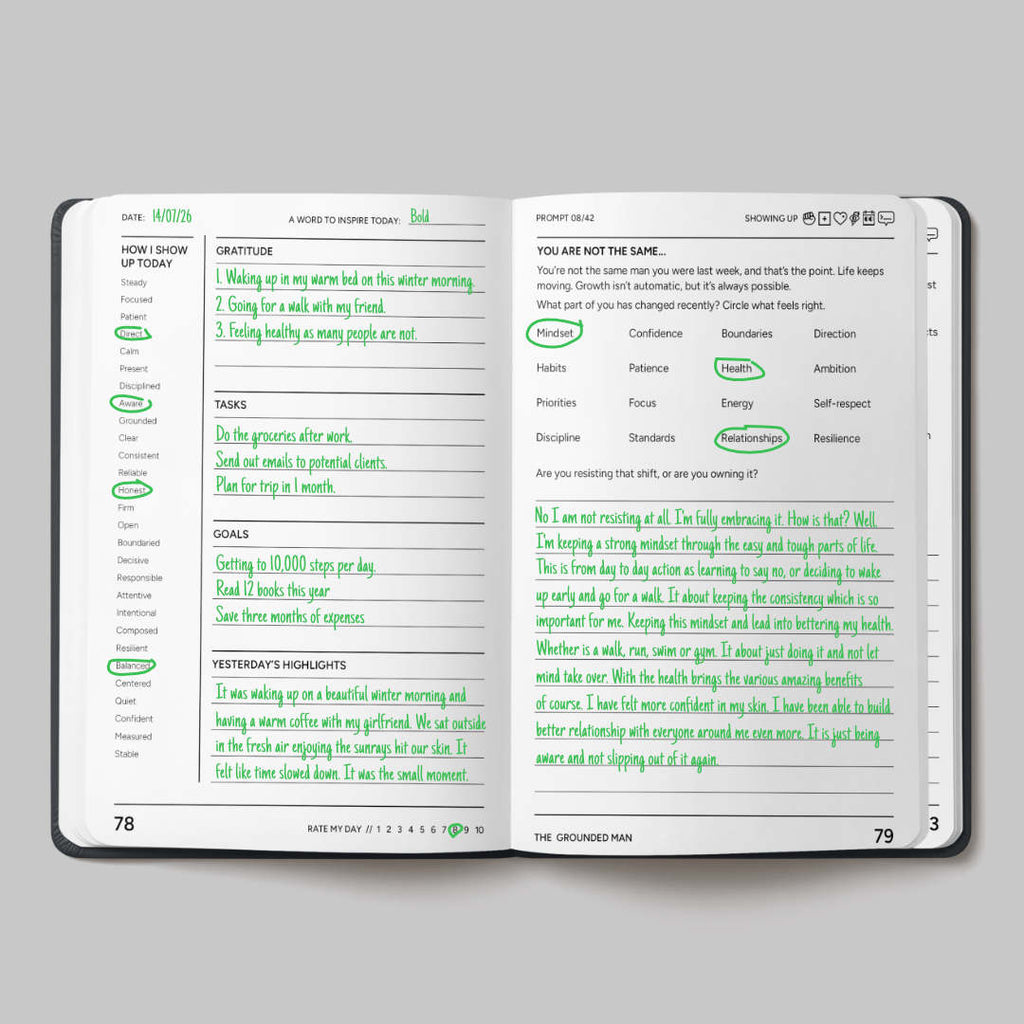 An open notebook or planner spread showing two printed pages with handwritten notes in green ink. The left page has a white background with black text and green highlighted notes and boxes, while the right page has a light gray background with black text and green highlighted notes.