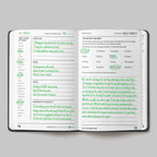 An open notebook or planner spread showing two printed pages with handwritten notes in green ink. The left page has a white background with black text and green highlighted notes and boxes, while the right page has a light gray background with black text and green highlighted notes.