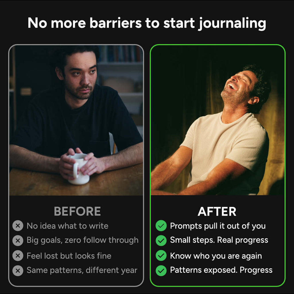 A promotional graphic with the headline 'No more barriers to start journaling' above two side-by-side panels showing a man sitting at a table labeled 'BEFORE' and a laughing man labeled 'AFTER' with checklist text about journaling benefits.