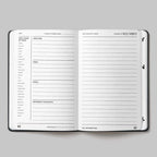 The Grounded Man journal showing two lined pages with writing sections such as gratitude, tasks, goals, and highlights, photographed on a plain light gray background.