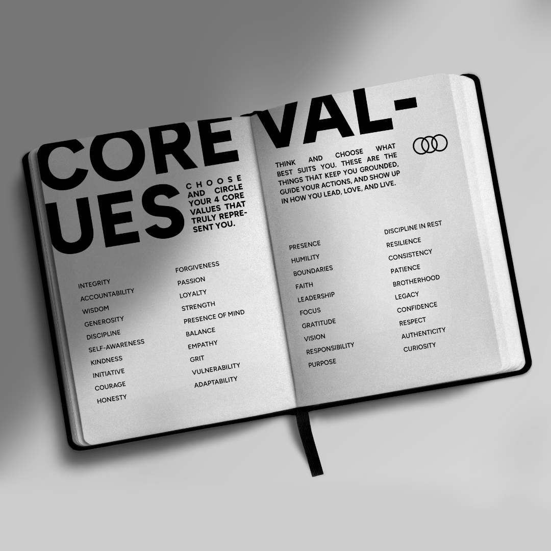 An open hardcover journal or notebook spread on a neutral gray background, featuring large black title text reading 'CORE VALUES' and columns of smaller words and phrases on both pages.