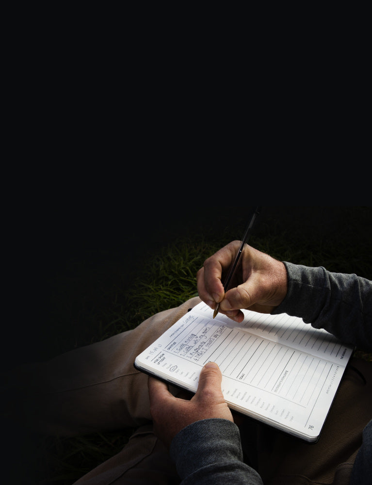 A close-up of a person's hands writing in the Grounded Man Journal with a pen, resting on their lap in a dark outdoor setting.