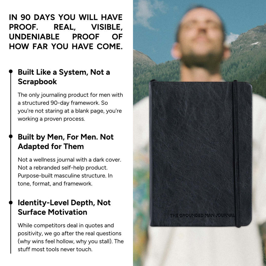 A promotional graphic for 'The Sponged Man Journal' showing a black textured hardcover journal on the right, next to a blurred man in front of mountains, with text on the left detailing the journal's 90-day framework and masculine design.