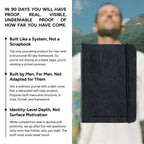 A promotional graphic for 'The Sponged Man Journal' showing a black textured hardcover journal on the right, next to a blurred man in front of mountains, with text on the left detailing the journal's 90-day framework and masculine design.