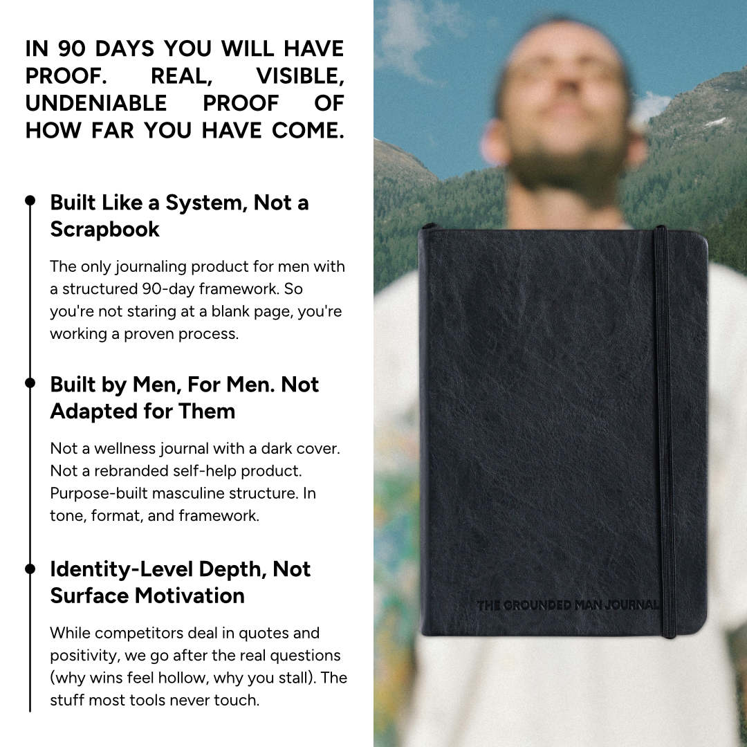 A promotional graphic for 'The Sponged Man Journal' showing a black textured hardcover journal on the right, next to a blurred man in front of mountains, with text on the left detailing the journal's 90-day framework and masculine design.